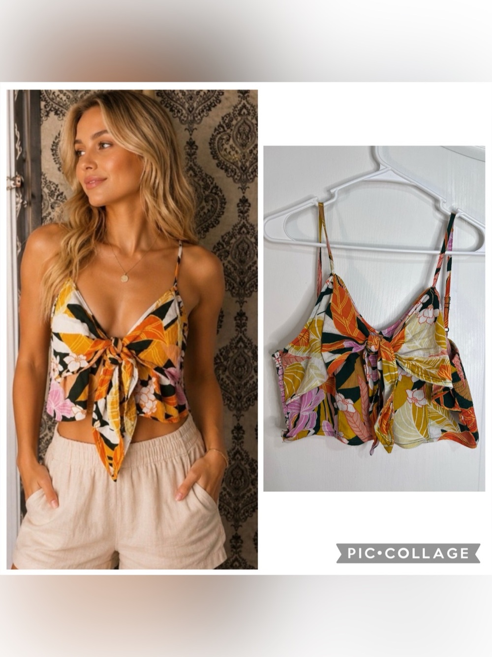 Aerie Womens Tropical Floral Tie Front Crop Top Orange Green size L